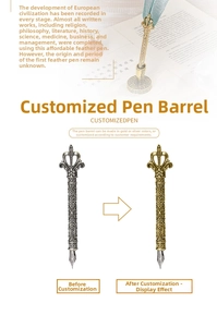 Detailed relief engraving on vintage quill pen holders in antique gold and silver finishes