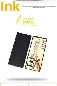 Retro feather quill pen gift set with ink bottle, ornate holder and five metal nibs