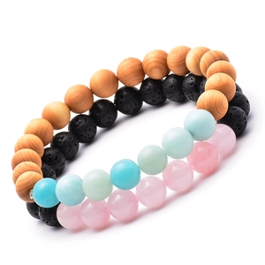 Set di bracciali in pietra vulcanica naturale e perle di legno da 8mm per uomo e donna