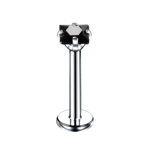 Detail of square black zircon labret stud in polished stainless steel with 4-prong setting