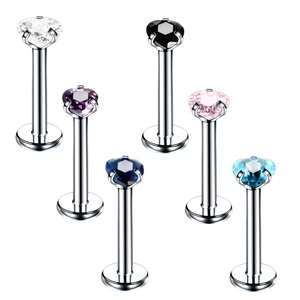 Detailed view of heart-shaped zircon labret studs in six various vibrant crystal colors