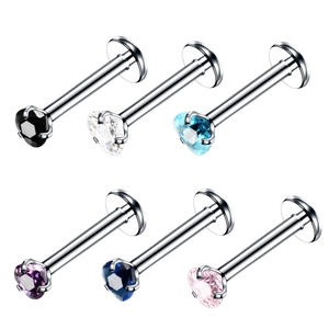 Set of six stainless steel heart-shaped zircon lip rings in assorted vibrant colors