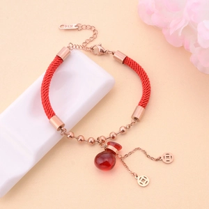 Bracelet Et Collier En Cordon Rouge Acier Titane Or Rose Pendentif Gourde Pièce Bijoux De Charme Mode Femmes