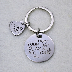 Silver stainless steel heart keychain set with engraved funny quote for couples gift