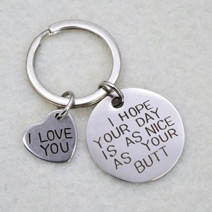 Polished stainless steel keychain with I Love You heart and humorous engraved round charm