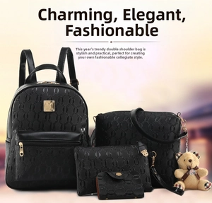 Black 4-piece PU leather backpack set with geometric chain texture and bear charm