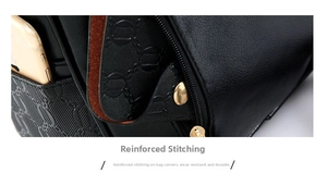Detailed macro view of reinforced stitching and side pocket on black textured leather bag