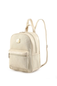 Detail of cream-white faux leather backpack with embossed geometric chain patterns