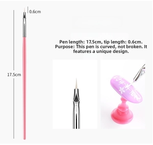 Detailed view of bent tip nail art brush with 17.5cm handle and 0.6cm synthetic bristles