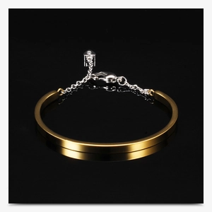 Macro detail of U-shaped steel bracelet with heart charm and lobster clasp closure
