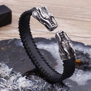 Men's punk dragon head leather bracelet in vintage silver and black stainless steel