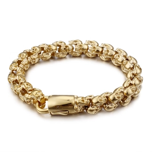 Gothic punk gold skull link bracelet in stainless steel for men with secure folding clasp