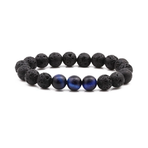 10mm volcanic lava stone and blue tiger eye beaded bracelet on white background