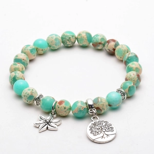 Amazonite 8mm beaded yoga bracelet with silver Tree of Life and flower pendants