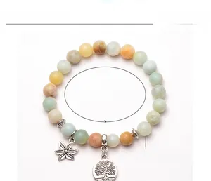 Detail of 8mm Amazonite beads bracelet with tree of life and flower pendants