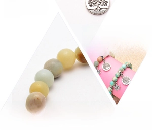 Detail of 8mm amazonite stone yoga bracelet with silver tree of life charm and natural beads
