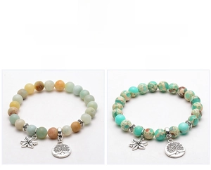 Detail of 8mm Amazonite yoga bracelets with Tree of Life and flower charms in two colors