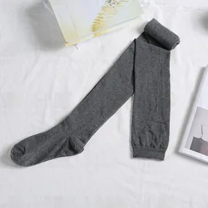 Detailed macro view of dark grey knitted over-knee socks showing thick ribbed texture and heel