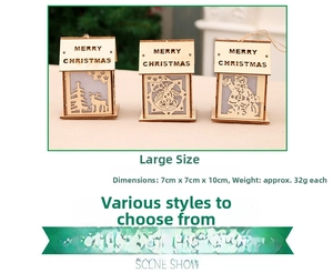 Detail view of 7x7x10cm wooden Christmas ornament featuring laser-cut elk and bell patterns