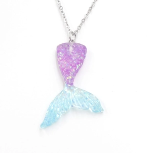 Mermaid Tail Necklace With Resin Pendant And Stainless Steel Chain Gradient Glitter Fish Tail Ocean Style Jewelry