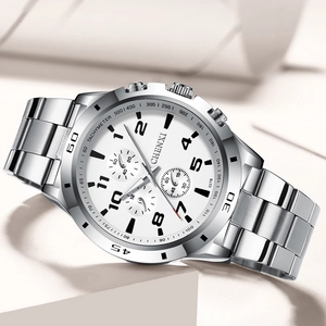 Montre sport homme Chenxi avec bracelet en métal argenté lumineux et cadran chronographe blanc