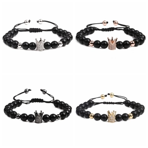 Crown Beaded Bracelet Matte Black Stone With Micro Pave Zircon Charm Adjustable Braided Rope Hip Hop Jewelry