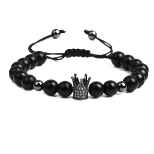 Men's crown beaded bracelet with black natural stones and micro-pave zircon crown charm