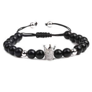 Adjustable black beaded crown bracelet featuring micro-pave cubic zirconia and silver accents