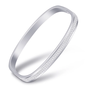 Polished silver square stainless steel bangle with double-row crystals and brushed finish