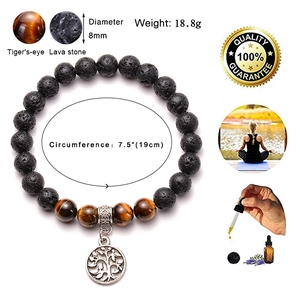 Volcanic lava stone and tiger eye bead bracelet with silver Tree of Life charm
