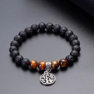 Volcano lava stone and tiger eye bead bracelet with silver Tree of Life charm