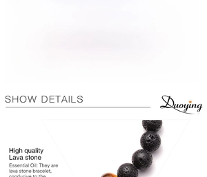 Detailed view of 8mm lava rock and tiger eye beads with tree of life charm, 19cm length