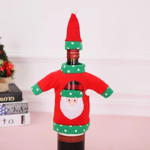 Christmas wine bottle cover featuring red knitted sweater and hat with Santa Claus motif