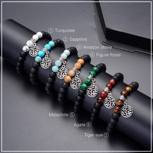 Lava stone and natural bead bracelets collection with silver tree of life pendants