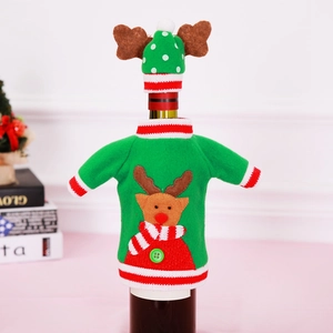 Christmas reindeer wine bottle cover set with green knit sweater and antler hat