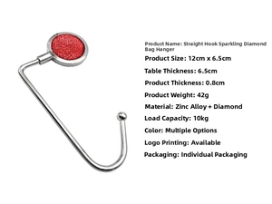 Detailed specs of the silver zinc alloy desk hook with red sparkling diamond finish