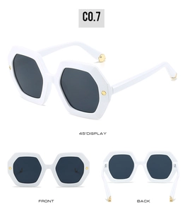 Multi-angle views of white hexagonal sunglasses with gray lenses and gold rivet accents