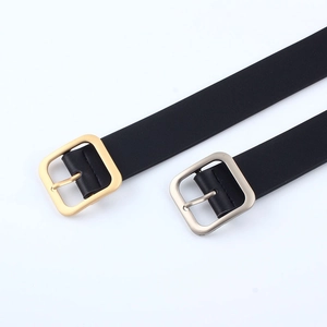 Minimalist black leather belt with classic gold and silver square pin buckles for women