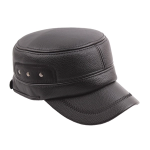 Winter men's black PU leather military cap with ear flaps and silver rivets detail