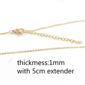 Close-up of 1mm gold cable chain necklace featuring lobster clasp and 5cm extender