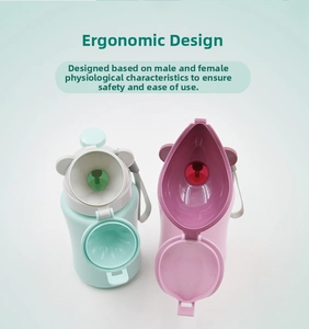 Detail view of ergonomic portable urinal nozzles for boys and girls in mint and pink