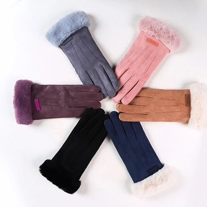 Winterhandschuhe aus Wildlederimitat für Damen mit Kunstpelzbesatz in sechs Farben