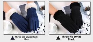 Details von Wildleder-Winterhandschuhen in Marineblau und Schwarz mit Kunstpelz-Bündchen