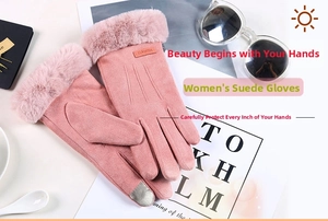 Rosa Wildleder-Winterhandschuhe für Damen mit Touchscreen-Fingern und Webpelzmanschetten
