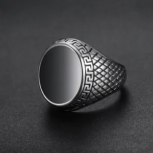 Vintage Men Signet Ring 316L Stainless Steel Black Enamel Greek Key Meander Pattern Dragon Scale Textured Punk Style Jewelry