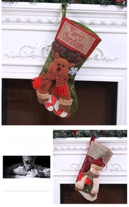 Close-up of festive Christmas stockings with 3D reindeer and snowman embroidery detail