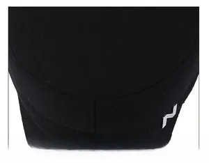 Detail of meticulous stitching and silver lightning logo on black winter flat top hat