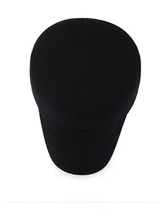 Top down view of black winter flat top hat with warm thickened material and metal detail