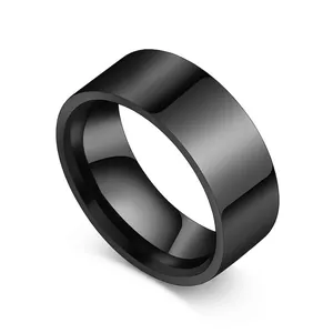 Anello largo minimalista in acciaio inossidabile nero con finitura lucida a specchio
