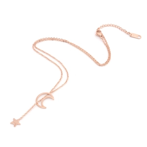 Minimalist rose gold titanium necklace featuring moon and star pendants with clasp detail